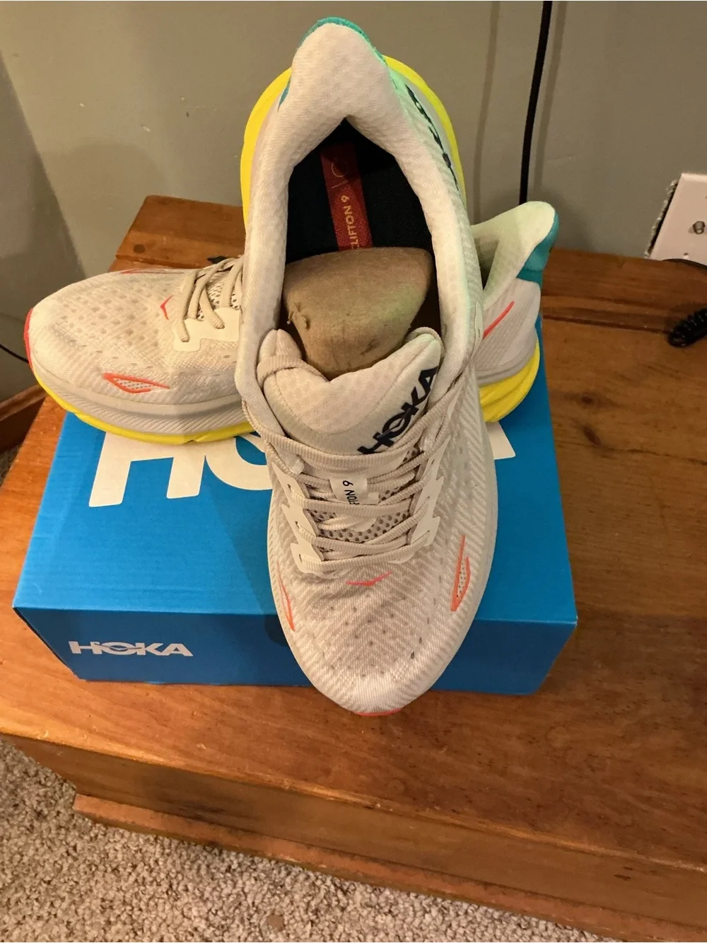 Hoka Men’s Clifton 9 Running Shoes - White with Orange Accents size 10